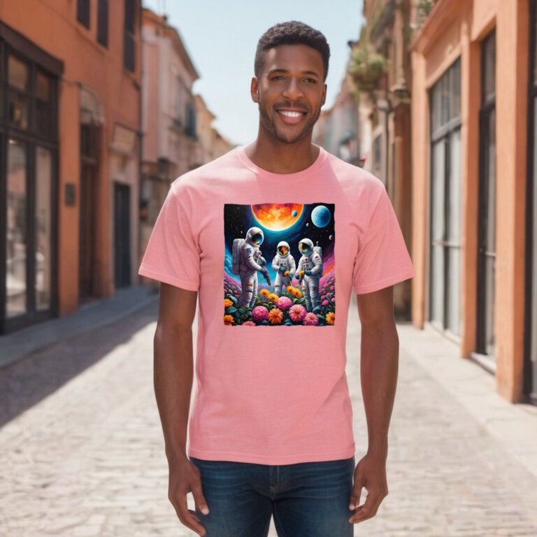 Young, handsome male model on a street, wearing the 'Astronauts Harvesting Flowers Out-of-This-World Frontside Pink Unisex Tee'