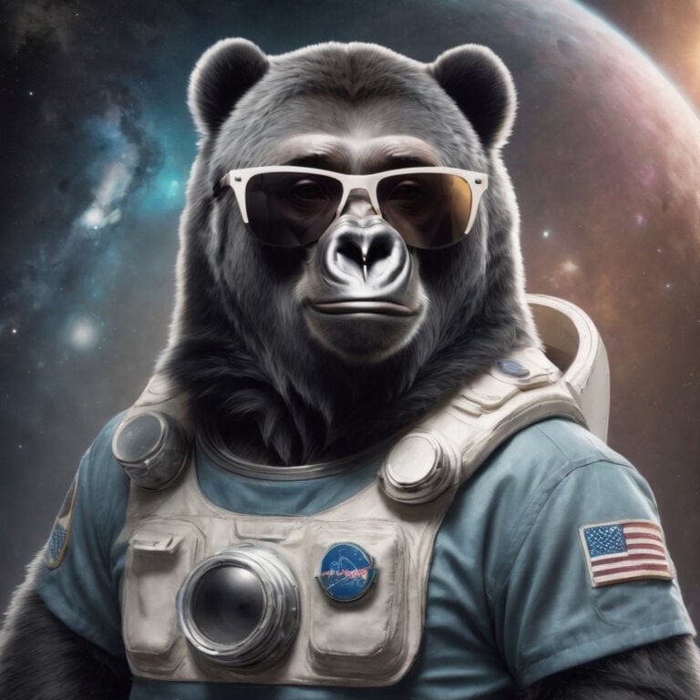 The BIg Baby Gorilla Bear Mascot in an American Astronaut Suit, with no helmet, looking at camera, with space scene in the background.