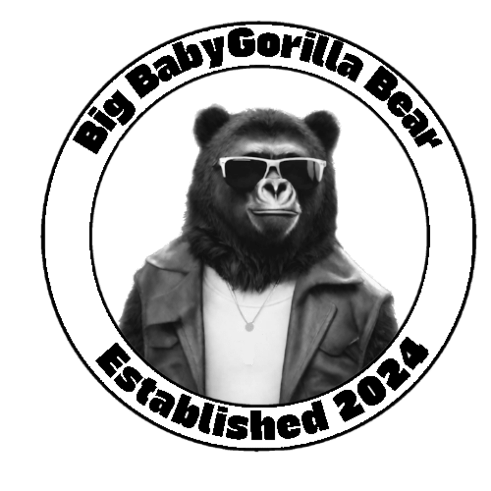 The Big Baby gorilla Bear Mascot, which is a grizzly bear with the nose, face, and mouth of a gorilla, wearing cool shades, looking swag, with a white t-shirt, sleeveless leather jacket, and a gold chain.The mascot is inside of a corcle, with the company name and the words "Established 2024" surrounding the mascot.