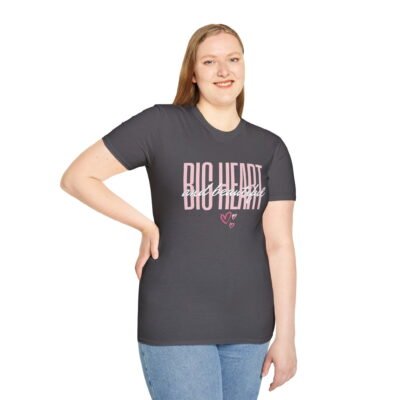 A beautiful model with a Charcoal colored t-shirt blank with words "Big Heart and beautiful" written on it, and some hearts, with various shades of pink.