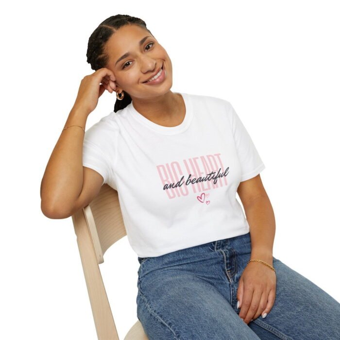 A beautiful woman wearing a white Big Baby Gorilla Bear t-shirt that has the words "Big Heart and beautiful" written out in pink and black, with some pink hearts beneath.