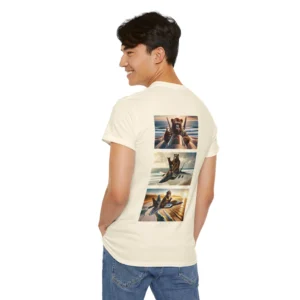 A male model showcasing the backside of the "3 Top Gunners" BBGB T-shirt, with three different scenes of grizzly bear/gorilla mixed animals riding United States F-22's. Natural Colored.