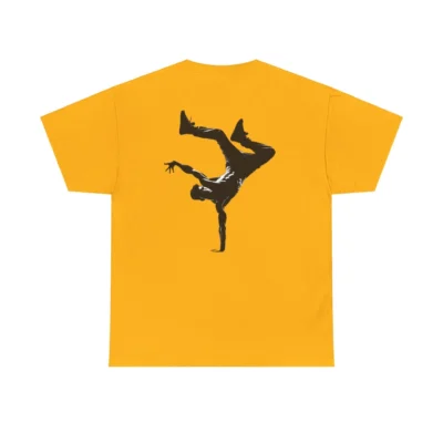The back of a BigBabyGorillaBear.Com "B-Boy Breakdancing" Unisex T-shirt - Color Gold