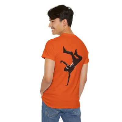 Male model showing the back of the "B-Boy Breakdancing" unisex t-shirt from BigBabyGorillaBear.Com. (Orange Colored)
