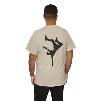 Male model showing the back of the "B-Boy Breakdancing" t-shirt with a silhouette of a dancer doing a handstand.