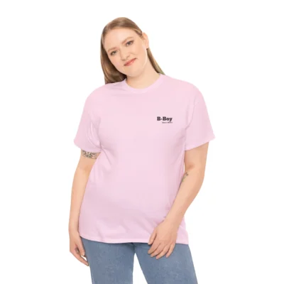Attractive female showing off the front of a pink, breakdancing shirt - "B-Boy Breakdancing" with the words "B-Boy" and "Circa 1970's" written in smaller font size beneath "B-Boy".