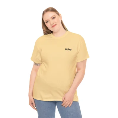 A female wearing a yellow haze colored BBGB Tee "B-Boy Breakdancing.