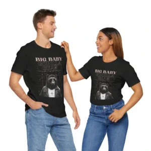 A guy and girl looking at each other, both wearing the Big Baby Gorilla Bear BBGB Classic Black Heather Colored, Retro Style T-shirt.