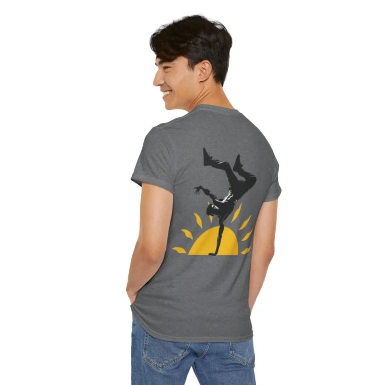 Kiss The Sun Breakdancing, Graphite Heather colored, showing the backside of the shirt with a breakdancer silhouette doing a handstand with a sunshine behind him.