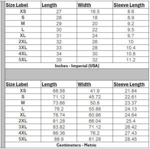 A Table with T-shirt sizes in inches and centimeters (Length, Width, and Sleeve Length)