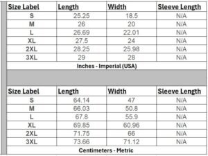 A Table with T-shirt sizes in inches and centimeters (Length, Width, and Sleeve Length)