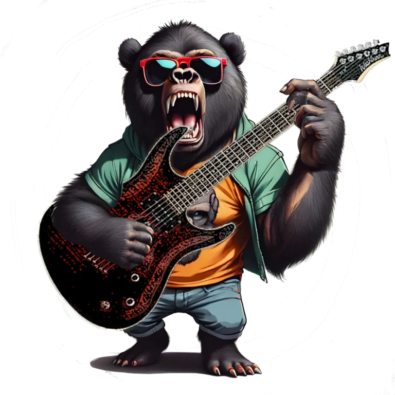 A mix between a bear and gorilla, wearing shorts, a shirt, and some red shades, playing an electric guitar.