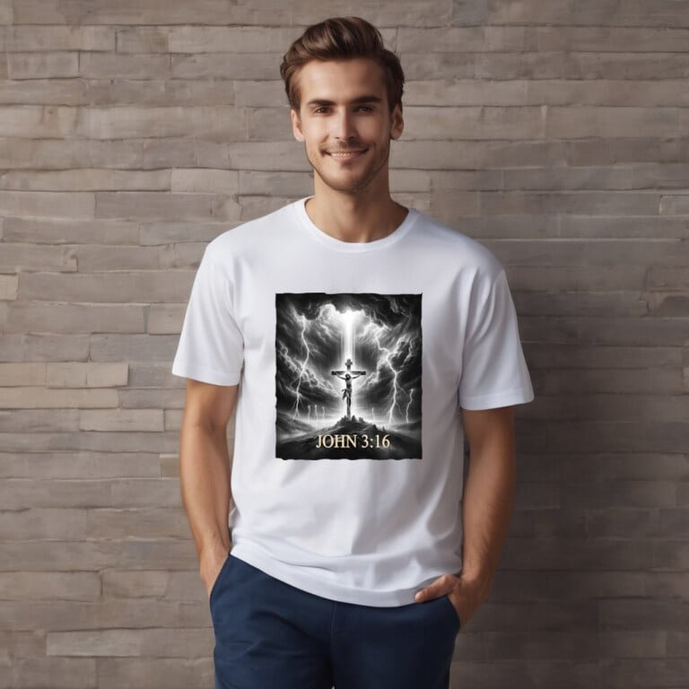 Attractive male model wearing a white t-shirt with a scene of a storm and Jesus on the cross., with a reference to the Biblical book and verse John 3:16.