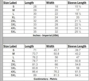 A Table with T-shirt sizes in inches and centimeters (Length, Width, and Sleeve Length)