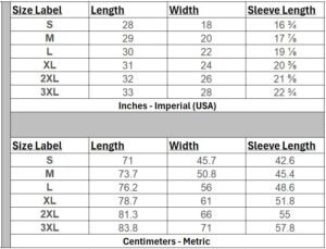 A Table with T-shirt sizes in inches and centimeters (Length, Width, and Sleeve Length)