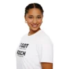 Female model wearing a white "I Got 99 Problems, But Being Rich Ain't One of Them!" T-shirt.