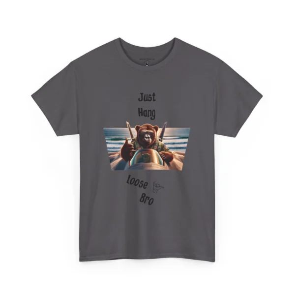 Flatlay of the "Just Hang Loose" BigBabyGorillaBear.Com signature t-shirts, highlighting one of our iconic Gorilla Bears flying a fighter jet, and throwing the "hang Loose" sign, with the words "Just Hang Loose Bro". Charcoal Colored.