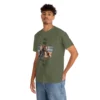 Young man wearing the "Just Hang Loose" BigBabyGorillaBear.Com signature t-shirt. This shirt highlights one of our iconic Gorilla Bears flying a fighter jet, and throwing the "hang Loose" sign, with the words "Just Hang Loose Bro". Military Green Colored.