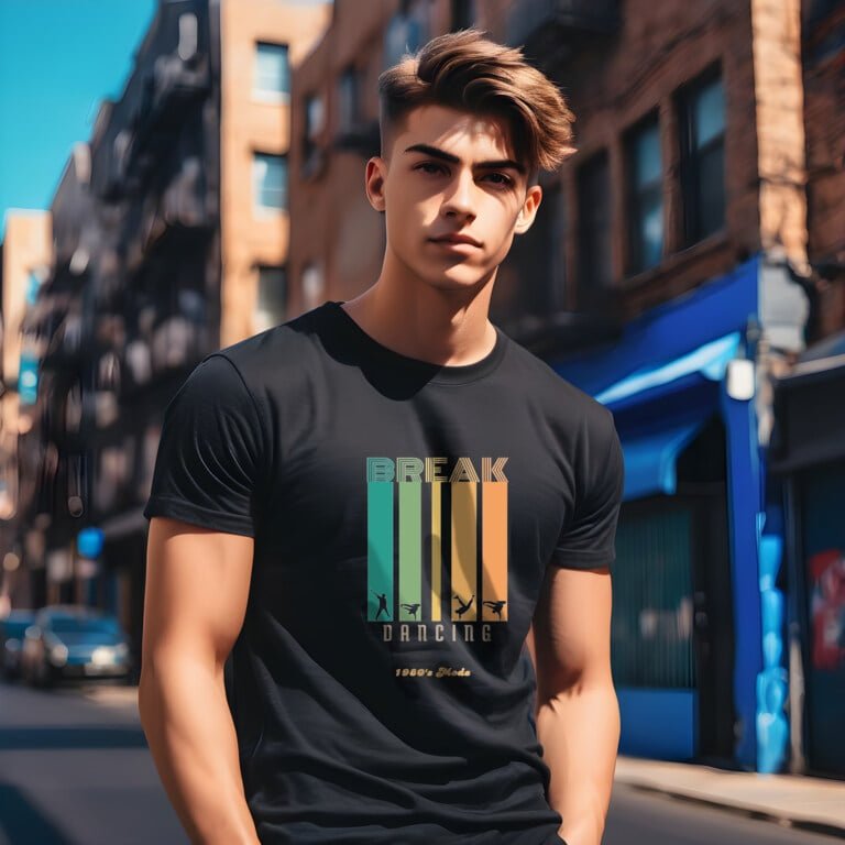 Attractive, young male model wearing a black BigBabyGorillaBear.Com. The shirt has a design of multiple colors of yellows, oranges, and green/blues...and silhouettes of break dancing figure. It has the words "break dancing" and 1980's Mode.