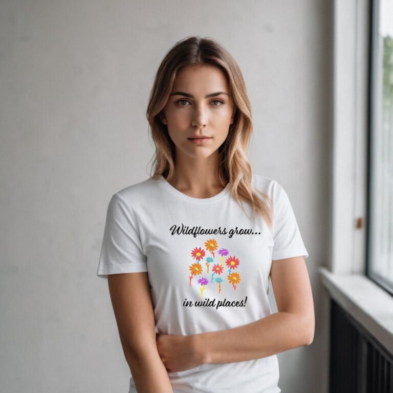 A gorgeous model wearing a white t-shirt with the phrase "Wildflowers grow in wild places!", wrapped around vibrant colored, cartoon looking flowers.