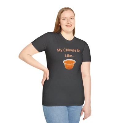 Dark Heather T-shirt on a female model. The T-shirt has "My Chinese Be like..." and an image of Mandarin Oranges.