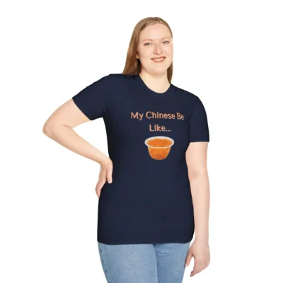 Navy Colored "My Chinese Be Like..." Quirky Collection Tee being worn by a female model.