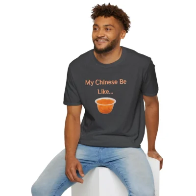 Dark Heather T-shirt on a male model. The T-shirt has "My Chinese Be like..." and an image of Mandarin Oranges.