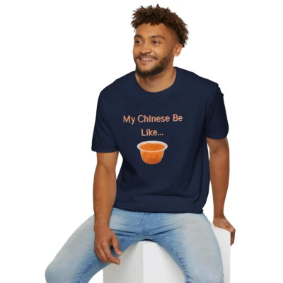 Navy Colored "My Chinese Be Like..." Quirky Collection Tee being worn by a male model.