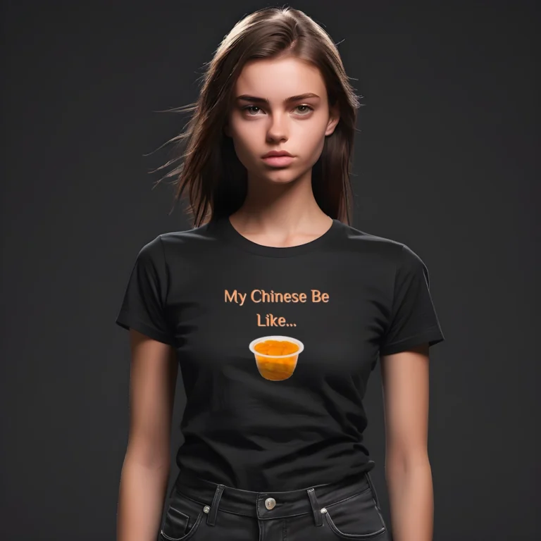 An attractive, 20 year old female wearing a black BBGB "My Chinese Be Like" with a picture of Mandarin Oranges...part of the Quirky Collection.