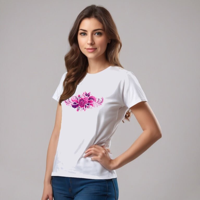 A gorgeous female model wearing a tribal, pink and mauve flower arrangement on a white t-shirt.