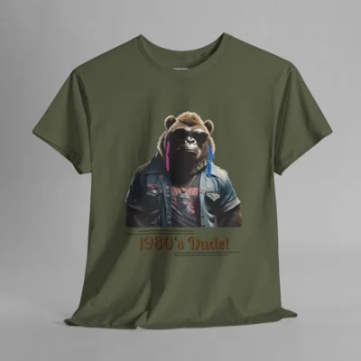 A military green colored t-shirt mockup with one of our iconic gorilla-bear mascots, with pink and purple feather earrings, a swag jean jacket, dark shades, and a graphic tee underneath the jacket. The writing on the shirt says "1980's Dude!", bracketed inside of some horizontal lines.