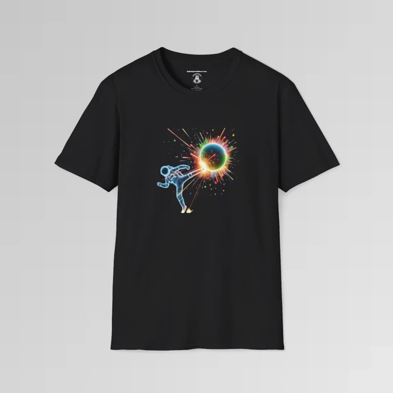 A black colored t-shirt mockup with the outline of a neon blue astronaut kicking a multi-colored orb that is sending sparks out in multiple neon colors.