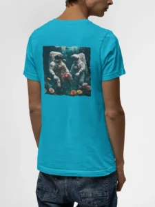 The Turquoise Colored “Underwater Astronauts Harvesting Flowers” Version 2 Unisex T-shirt, with a male showcasing backside of the surreal design of two astronauts picking vibrant pink, violet, peach, and coral colored flowers underwater in the ocean.