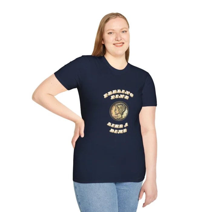 Female wearing the "Feeling Fine Like a Dime" Navy colored shirt, which has an older US Dime on it, and the word's "Feeling Fine Like a Dime".