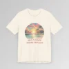 Natural colored t-shirt mock-up showing a pastel colored beach scene, with lines that look like blinds, cutting out evenly spaced sections of the image. 3-d, curved words beneath the image " My Vacay Goes Hard".