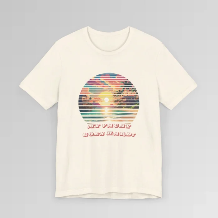 Natural colored t-shirt mock-up showing a pastel colored beach scene, with lines that look like blinds, cutting out evenly spaced sections of the image. 3-d, curved words beneath the image " My Vacay Goes Hard".