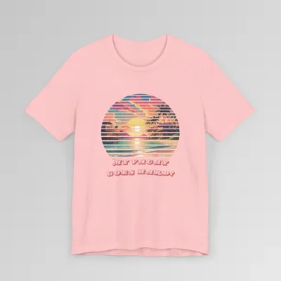 Pink colored t-shirt mock-up showing a pastel colored beach scene, with lines that look like blinds, cutting out evenly spaced sections of the image. 3-d, curved words beneath the image " My Vacay Goes Hard".