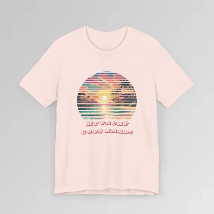 Soft pink colored t-shirt mock-up showing a pastel colored beach scene, with lines that look like blinds, cutting out evenly spaced sections of the image. 3-d, curved words beneath the image " My Vacay Goes Hard".