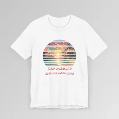 White colored t-shirt mock-up showing a pastel colored beach scene, with lines that look like blinds, cutting out evenly spaced sections of the image. 3-d, curved words beneath the image " My Vacay Goes Hard".