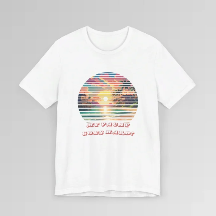 White colored t-shirt mock-up showing a pastel colored beach scene, with lines that look like blinds, cutting out evenly spaced sections of the image. 3-d, curved words beneath the image " My Vacay Goes Hard".