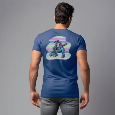 A male highlighting the back of the BBGB Retro Beatbox Froggy Men's Classic Royal Tee. Showcasing a retro anthropomorphic frog dressed in late 1980's attire, in a kneeling pose with an old school boom box radio.