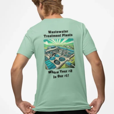 Heather Mint Colored "Wastewater is Our #1" graphic tee. Male model wearing a T-shirt with a Wastewater Treatment plant on the back, and the words "Wastewater Treatment Plants, Where Yoiur #2 is Our #1"