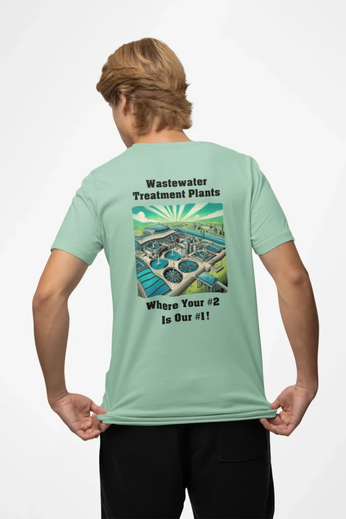 Heather Mint Colored "Wastewater is Our #1" graphic tee. Male model wearing a T-shirt with a Wastewater Treatment plant on the back, and the words "Wastewater Treatment Plants, Where Yoiur #2 is Our #1"