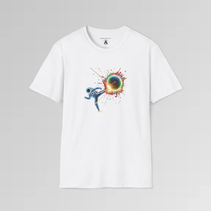 A white t-shirt mockup with a neon blue outlined astronaut kicking multi-colored neon orb, with multi-colored neon sparks flying out from the orb.