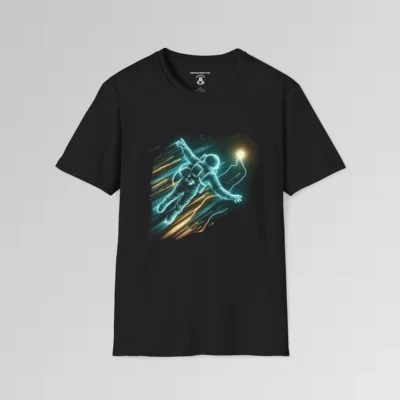 A black t-shirt mockup with a neon blue outlined astronaut, appearing to soar with gold and blue streaks of light all around the astronaut. The astronaut appears to be heading towards a golden orb.