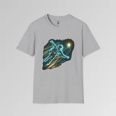 A sport grey t-shirt mockup with a neon blue outlined astronaut, appearing to soar with gold and blue streaks of light all around the astronaut. The astronaut appears to be heading towards a golden orb.
