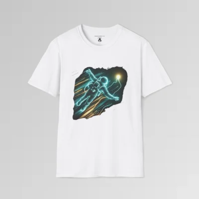 A white t-shirt mockup with a neon blue outlined astronaut, appearing to soar with gold and blue streaks of light all around the astronaut. The astronaut appears to be heading towards a golden orb.