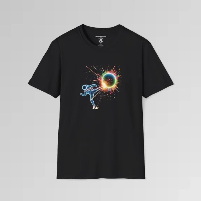 A black t-shirt mockup with a neon blue outlined astronaut kicking multi-colored neon orb, with multi-colored neon sparks flying out from the orb.