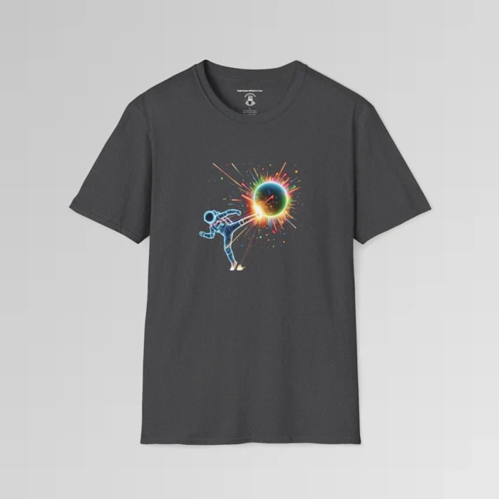 A dark heather t-shirt mockup with a neon blue outlined astronaut kicking multi-colored neon orb, with multi-colored neon sparks flying out from the orb.