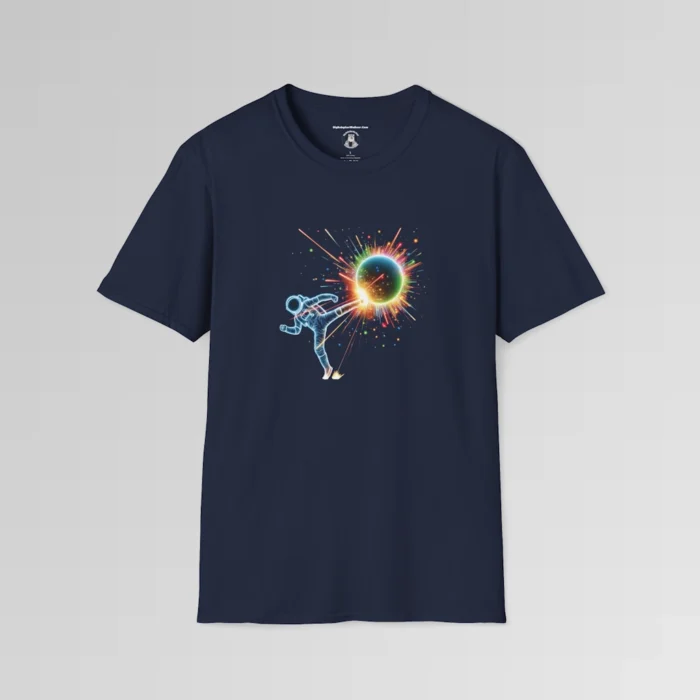 A navy t-shirt mockup with a neon blue outlined astronaut kicking multi-colored neon orb, with multi-colored neon sparks flying out from the orb.